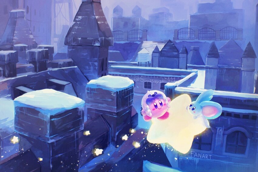 2boys aqua_fur architecture blue_theme bridge city elfilin gate highres kirby kirby_(series) kirby_and_the_forgotten_land multiple_boys nintendo no_humans smile snow suyasuyabi warp_star