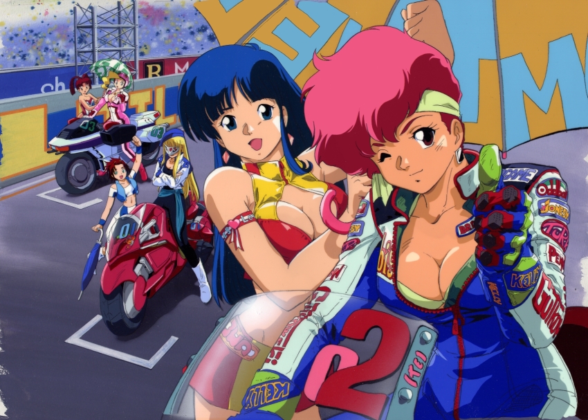 6+girls antenna_hair black_pants black_shirt blonde_hair blue_bodysuit blue_eyes blue_hair blue_vest bodysuit boots bra breasts brown_hair cleavage cleavage_cutout clothing_cutout collarbone company_connection crop_top cropped_shirt crossed_arms crossover dark-skinned_female dark_skin dirty_pair dokite_tsukasa earrings eris_willamette gear_senshi_dendou green_eyes hair_behind_ear headband helmet highres holding holding_umbrella japanese_clothes jewelry kei_(dirty_pair) long_hair mask medium_breasts midriff motor_vehicle motorcycle multiple_crossover multiple_girls navel necklace on_motorcycle open_mouth pants pink_headwear racing_suit red_eyes red_hair red_skirt retro_artstyle shirt short_hair sitting skirt smile sport_motorcycle sunrise_(company) swan_white two-tone_skirt umbrella underwear utsugi_mikoto vega_(dendoh) vest white_footwear white_shirt yellow_bra yellow_headband yellow_skirt yuri_(dirty_pair) yuusha_ou_gaogaigar yuusha_series