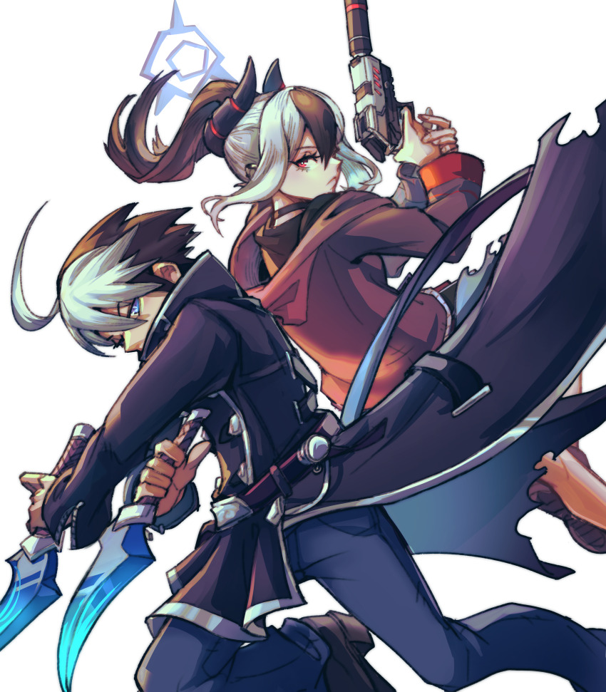 1boy 1girl absurdres back-to-back belt black_coat black_hair black_hoodie blue_archive blue_eyes choker coat color_connection commission commissioner_upload dagger fighting_stance gun hair_color_connection halo high_collar highres holding holding_weapon hood hoodie jacket kayoko_(blue_archive) knife multicolored_hair non-web_source pants piccolourme red_eyes seth_(under_night_in-birth) shoes trait_connection two-tone_hair under_night_in-birth weapon white_hair