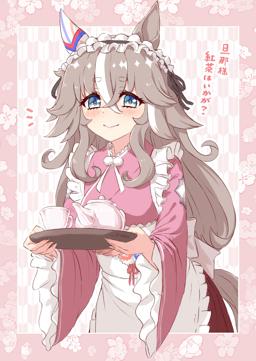 1girl absurdres animal_ears apron blush breasts closed_mouth commentary_request grey_hair hair_between_eyes hair_ornament highres horse_ears horse_tail maid maid_headdress simple_background small_breasts smile solo szykkz tail taishou tea teapot thick_eyebrows translation_request tray umamusume wa_maid wonder_acute_(umamusume)