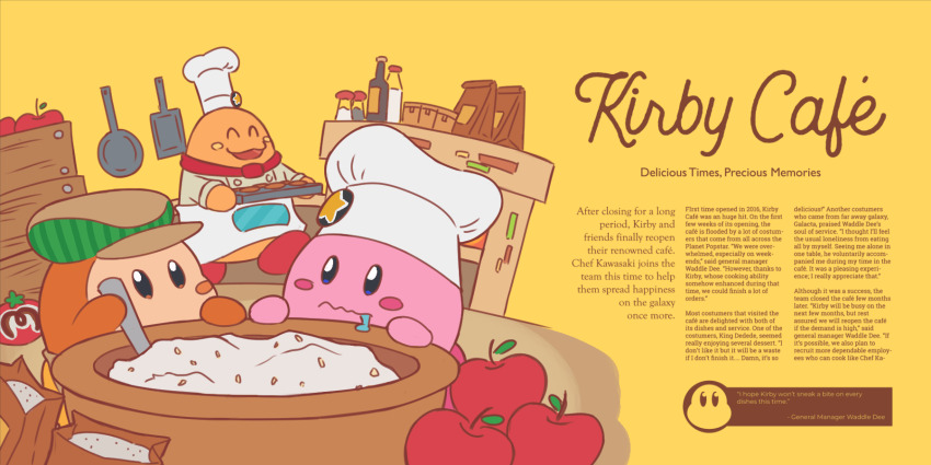 apple article baking_sheet blue_eyes blush_stickers bright_pupils chef_hat chef_kawasaki commentary_request cooking drooling english_text flour food fruit frying_pan hat hierotubas highres holding holding_tray kirby kirby_(series) kirby_cafe nintendo no_humans string tray waddle_dee wavy_mouth white_pupils yellow_background