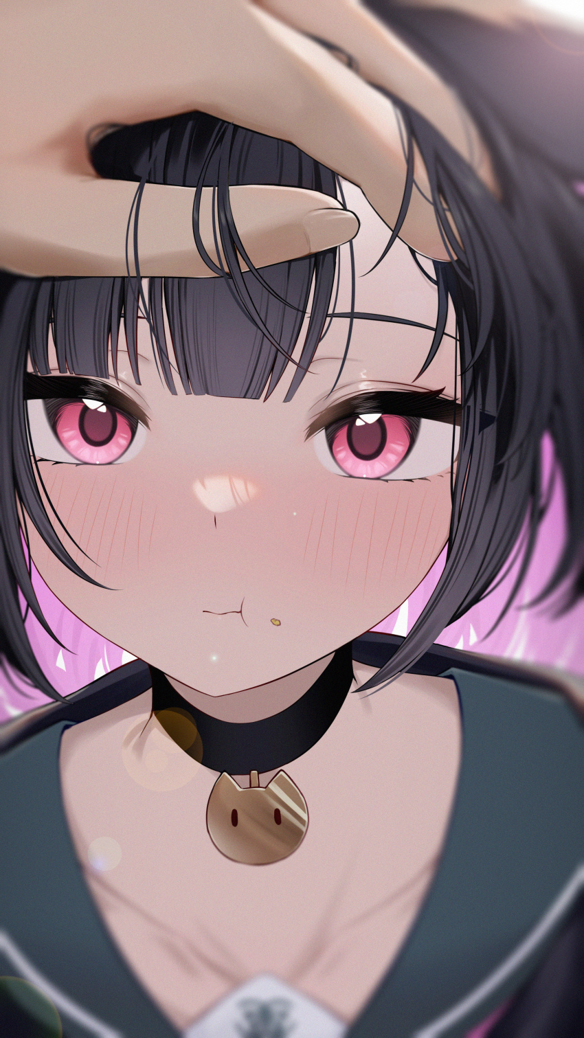 1girl 1other absurdres animal_ears black_choker black_hair blue_archive blush cat_ears cat_girl choker closed_mouth colored_inner_hair crumbs eating green_sailor_collar hand_on_another&#039;s_head headpat highres kazusa_(blue_archive) looking_at_viewer multicolored_hair neckerchief pink_eyes pink_hair pov sailor_collar school_uniform two-tone_hair wendao