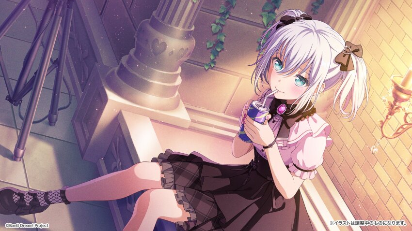 1girl alternate_costume artist_request bang_dream! blue_eyes can column drink_can drinking drinking_straw highres holding indoors kurata_mashiro multicolored_nails official_alternate_costume official_art pillar short_hair sitting solo twintails white_hair