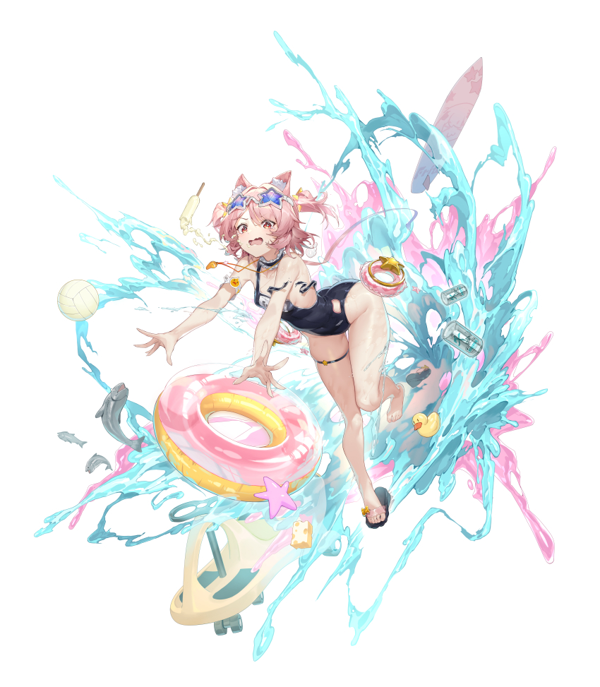1girl absurdres animal_ear_fluff animal_ears black_one-piece_swimsuit breasts cat_ears fish food fritia_ignis full_body highres innertube medium_hair one-piece_swimsuit open_mouth pink_hair popsicle red_eyes sandals shanyao_jiang_tororo single_sandal small_breasts snowbreak:_containment_zone solo swim_ring swimsuit thigh_strap two_side_up
