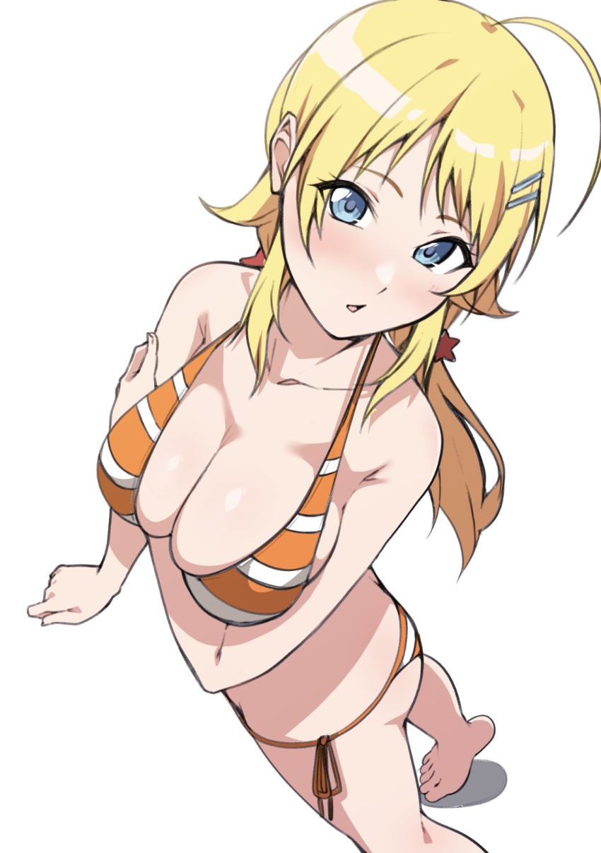 1girl ahoge arm_under_breasts armpit_crease bare_arms bare_shoulders barefoot bikini blonde_hair blue_eyes breasts cleavage collarbone foot_out_of_frame hachimiya_meguru hair_ornament hairclip halterneck hand_on_own_arm highres idolmaster idolmaster_shiny_colors large_breasts light_blush long_hair looking_at_viewer low_twintails monya_monya_(tmsc7752) open_mouth orange_bikini side-tie_bikini_bottom simple_background solo standing star_(symbol) star_hair_ornament striped_bikini striped_clothes swimsuit twintails white_background white_bikini