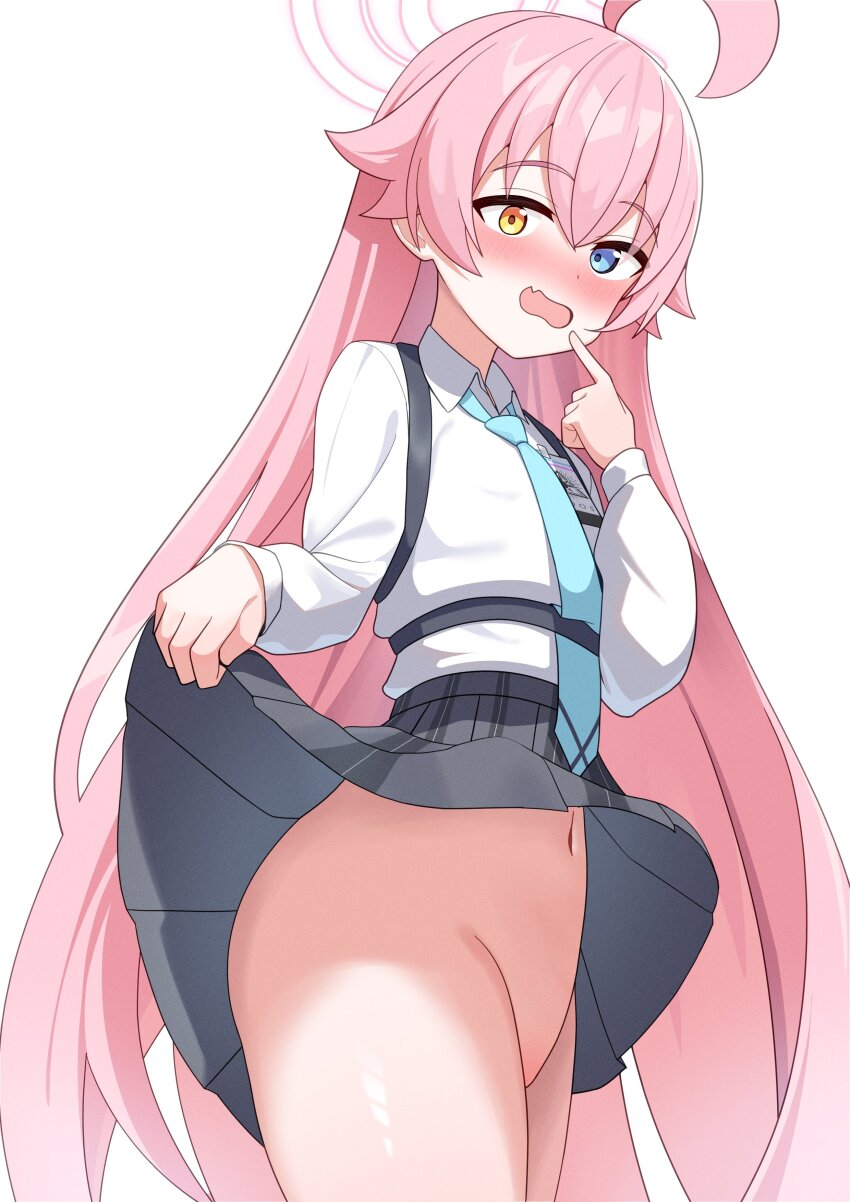 1girl absurdres ahoge black_skirt blue_archive blue_eyes blue_necktie blush clothes_lift fang female_focus halo heterochromia highres hoshino_(blue_archive) loli long_hair looking_at_viewer natukuzira navel necktie no_panties open_mouth pink_hair pink_halo shirt skirt skirt_lift solo standing very_long_hair white_background white_shirt yellow_eyes