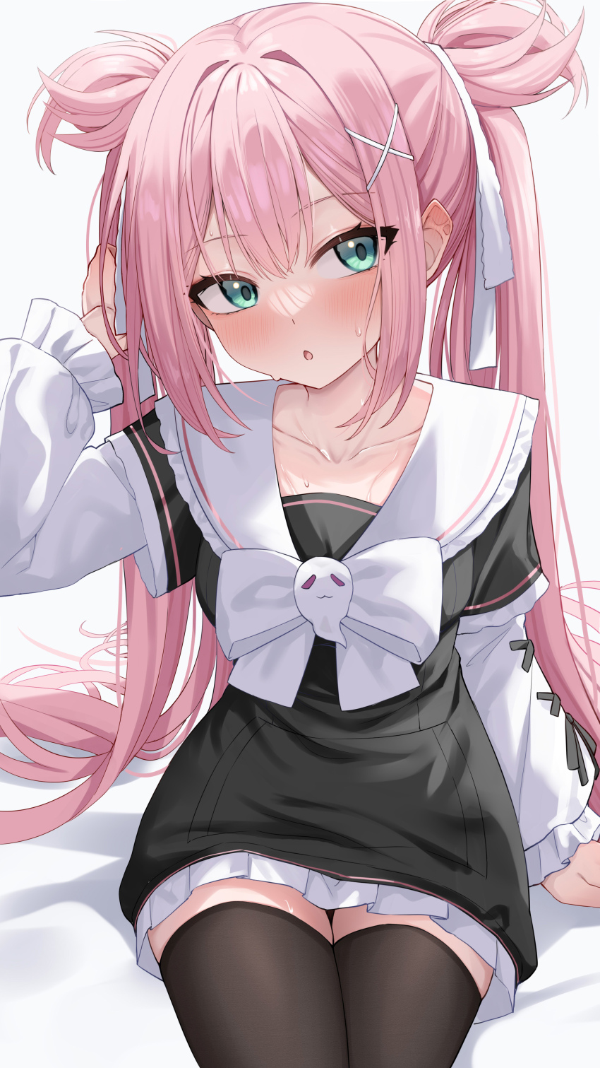 1girl :o absurdres bare_shoulders black_dress black_thighhighs blush bow collarbone commentary cowboy_shot dress ear_blush eyelashes frilled_dress frilled_sailor_collar frills green_eyes hair_between_eyes hair_intakes hair_ornament hair_ribbon hand_up highres huge_bow long_hair long_sleeves looking_at_viewer open_mouth original pink_hair ribbon sailor_collar short_dress sidelocks simple_background sitting solo straight_hair sweat symbol-only_commentary thighhighs twintails two_side_up very_long_hair wendao white_background white_bow white_ribbon white_sailor_collar x_hair_ornament zettai_ryouiki