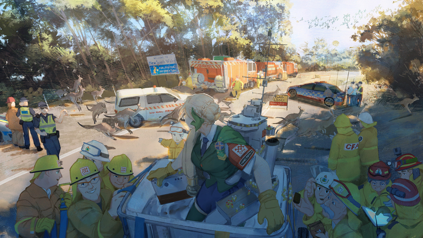 1girl 2019-2020_australian_bushfires animal australia bird blonde_hair blouse blue_neckwear braid braided_bangs braided_bun car day fire_helmet fire_truck firefighter firefighter_jacket gloves green_vest hair_bun helmet jacket kangaroo kangaroo_ears kangaroo_tail kantai_collection motor_vehicle necktie open_mouth outdoors perth_(kancolle) police police_car police_uniform road shirt short_hair short_sleeves sky truck vest white_shirt ye_fan