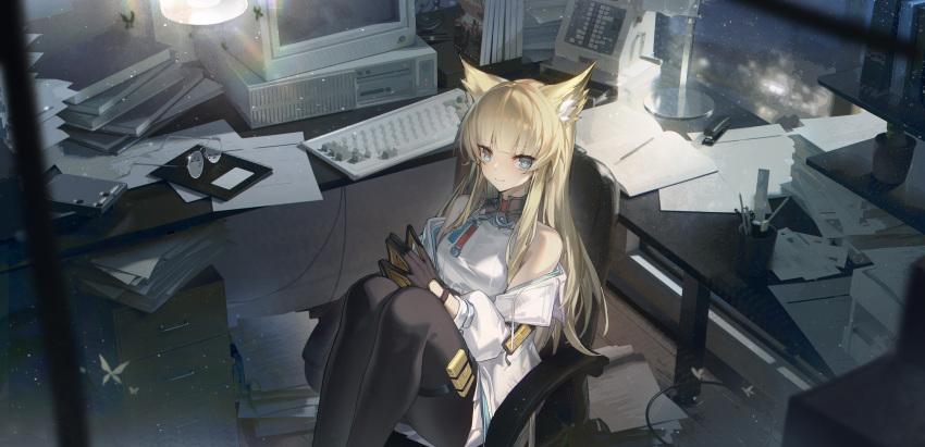 1girl absurdres animal_ears arknights bare_shoulders black_gloves blonde_hair blue_eyes book breasts bug butterfly cat_ears chair closed_mouth computer_keyboard desk_lamp drawer feet_out_of_frame flower_pot glasses gloves highres insect jacket knees_up lamp light_particles long_hair long_sleeves looking_at_viewer madao medium_breasts monitor office_chair open_clothes open_jacket own_hands_together paper perlica_(arknights) pouch round_eyewear sitting smile solo swivel_chair thigh_pouch thigh_strap unworn_eyewear very_long_hair white_jacket
