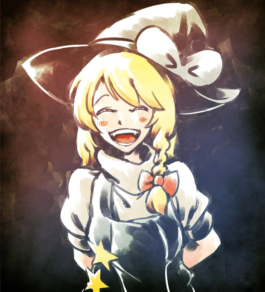 1girl black_background black_hat black_vest blonde_hair blush bow braid commentary_request cookie_(touhou) hair_bow hat highres kirisame_marisa long_hair open_mouth puffy_short_sleeves puffy_sleeves red_bow red_eyes shirt short_sleeves side_braid single_braid smile solo suzu_(cookie) touhou turtleneck turtleneck_shirt ukiwagirl unusually_open_eyes upper_body vest white_bow white_shirt witch_hat