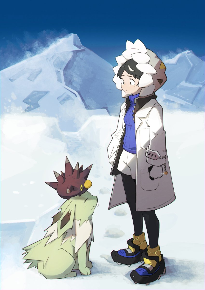 1girl absurdres alternate_color black_eyes black_pantyhose character_request closed_mouth coat doodlerush french_commentary gen_1_pokemon gen_8_pokemon highres hood hood_up ice jolteon mountain multicolored_hair nintendo outdoors pantyhose pincurchin pokemon pokemon_(creature) shiny_pokemon shorts streaked_hair white_shorts