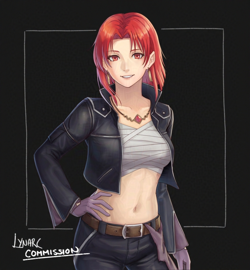 1girl alternate_costume artist_name belt black_background breasts cowboy_shot cropped_jacket earrings fire_emblem fire_emblem:_the_binding_blade gloves grin hand_on_own_hip highres jewelry looking_at_viewer lynarc medium_breasts medium_hair melady_(fire_emblem) midriff navel necklace nintendo red_eyes red_hair sarashi simple_background smile solo
