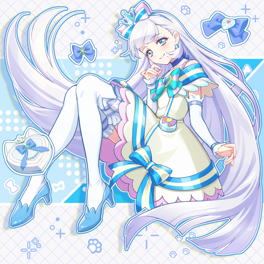 1girl abstract_background blue_bow blue_choker blue_crown blue_eyes blue_shoes bow bow_legwear brooch brooch_removed choker crown crown_bow crown_earrings cure_nyammy dress dress_bow earrings full_body head_tilt heart heart_brooch high_heels highres hime_cut jewelry long_hair looking_at_viewer magical_girl mini_crown multicolored_bow nekoyashiki_yuki paw_print pink_bow pointed_crown pouch precure ribbon_choker rice_rabbit22 shoes smile solo striped_bow thighhighs white_arm_warmers white_dress white_hair white_thighhighs wonderful_precure!
