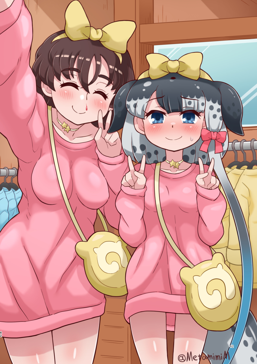 2girls absurdres bag blood blowhole blue_eyes blush bow breasts captain_(kemono_friends) cetacean_tail dolphin_girl dorsal_fin double_v dress female_pervert fins fish_tail grey_hair hair_bow handbag highres japari_symbol jewelry kemono_friends kemono_friends_3 looking_at_viewer medium_breasts metamimi multicolored_hair multiple_girls narwhal_(kemono_friends) necklace nosebleed pervert pink_dress selfie short_hair short_hair_with_long_locks small_breasts tail v