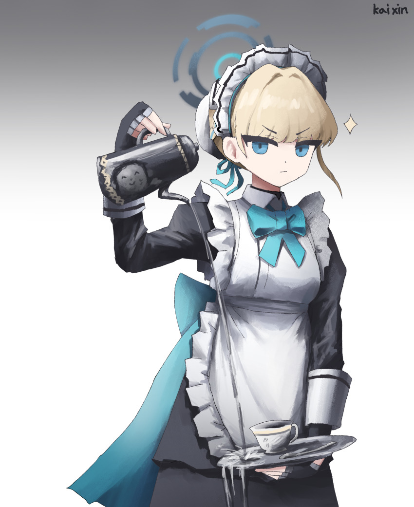 1boy 1girl absurdres apron black_dress black_gloves blonde_hair blue_archive blue_bow blue_eyes blue_ribbon blunt_bangs bow closed_mouth cup decantering doodle_sensei_(blue_archive) dress fingerless_gloves gloves hair_ribbon hairband highres holding holding_kettle holding_plate kai_xin kettle looking_at_viewer maid maid_apron maid_headdress plate reflection ribbon sensei_(blue_archive) teacup toki_(blue_archive) white_apron white_hairband