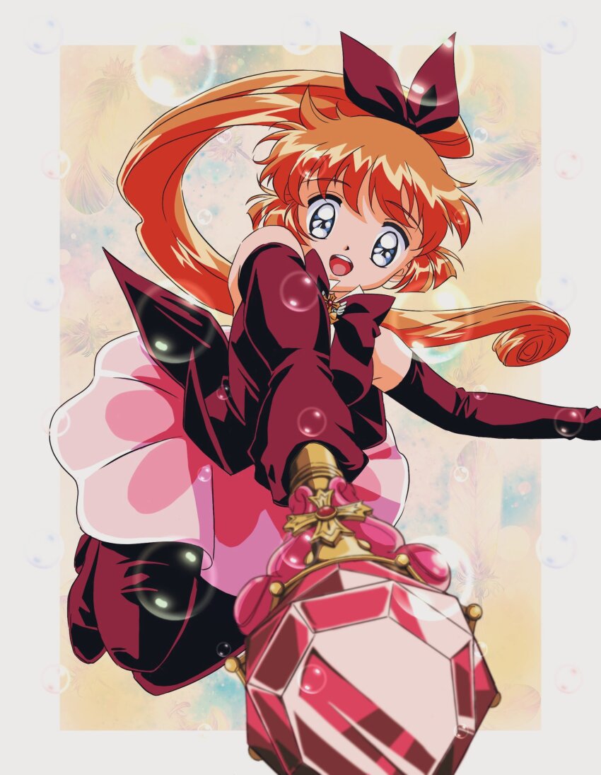 1girl ayamame black_bow black_gloves black_pantyhose black_shirt black_shoes blue_eyes border bow bowtie bubble commentary elbow_gloves full_body gloves haneoka_meimi high_heels highres holding holding_staff kaitou_saint_tail long_hair looking_at_viewer open_mouth orange_hair outside_border pantyhose pink_skirt ponytail saint_tail shirt shoes skirt smile solo staff teeth upper_teeth_only white_border