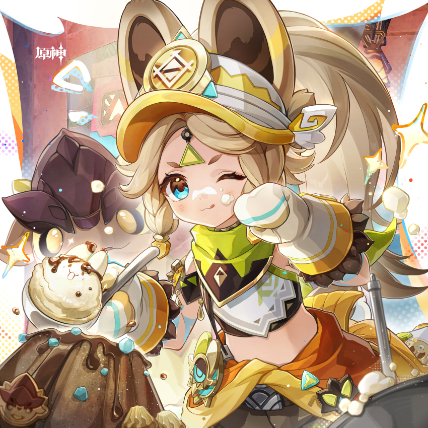 1girl absurdres animal_ears bandana bandana_around_neck blue_eyes body_markings braid brown_hair cake closed_mouth food genshin_impact green_bandana hand_up highres kachina_(genshin_impact) long_hair looking_at_viewer midriff mittens official_art one_eye_closed orange_mittens orange_visor smile solo tongue tongue_out visor_cap