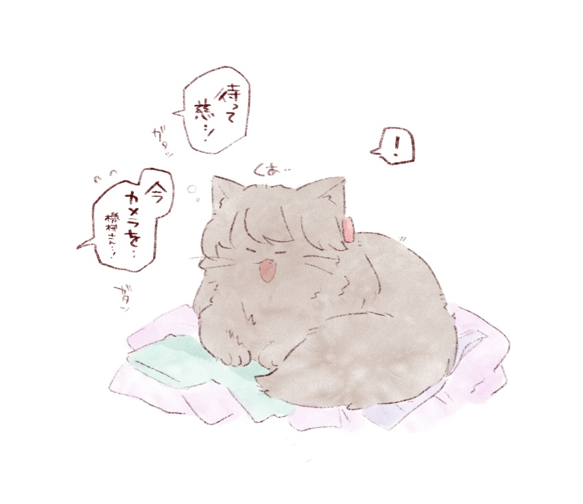 ! animal_focus animalization brown_cat cat closed_eyes commentary fujishima_megumi highres link!_like!_love_live! love_live! mashikaku_(ma4kaku10fu) no_humans open_mouth simple_background speech_bubble spoken_exclamation_mark translation_request white_background