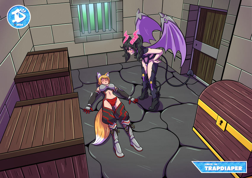 absurdres after_fight animal_ears commission defeat demon_girl demon_horns demon_tail demon_wings domination fox_ears fox_girl fox_tail highres horns imp kitsune lying on_back revealing_clothes sarayah tail trap-diaper wings