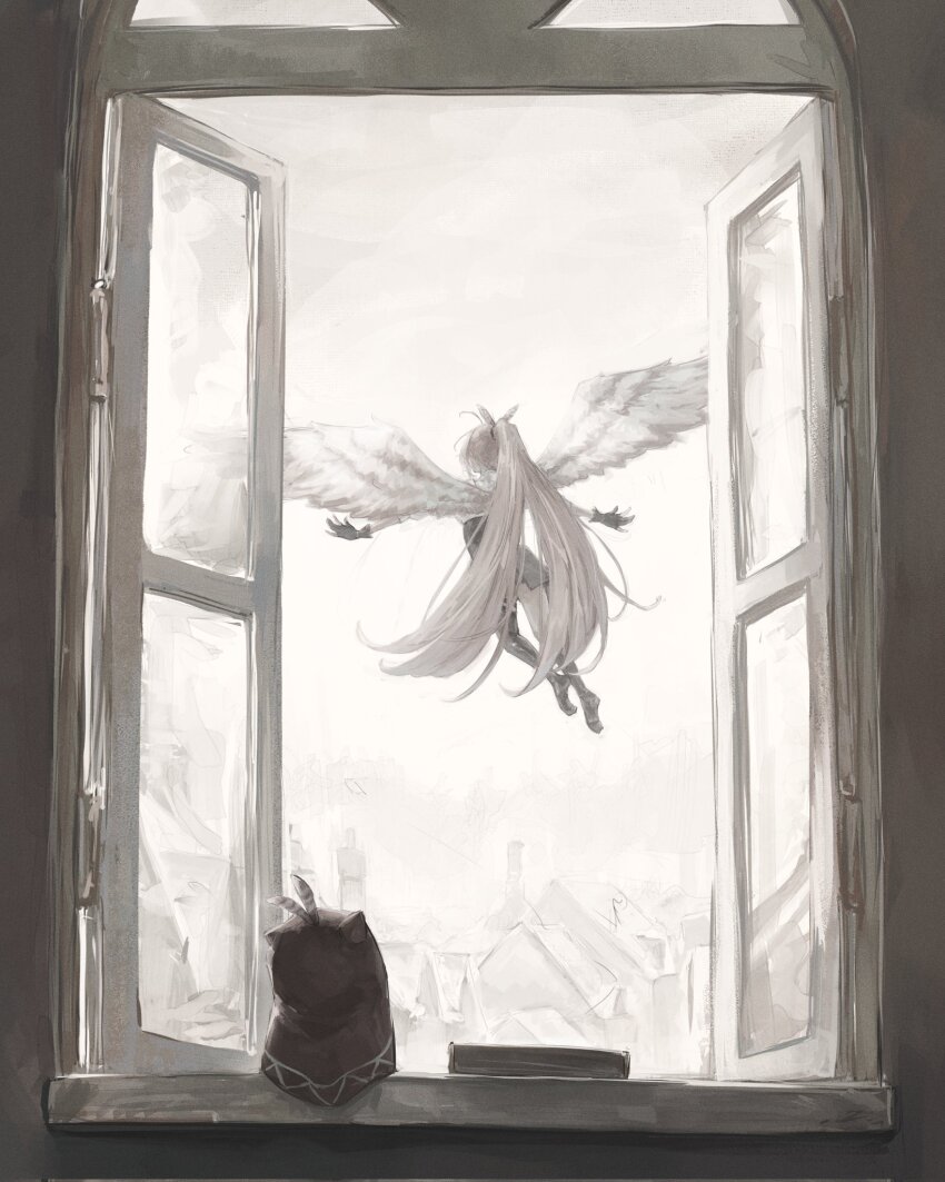 1girl bird black_gloves black_thighhighs building commentary english_commentary feather_hair_ornament feathered_wings feathers gloves grey_hair hair_ornament highres hololive hololive_english hooman_(nanashi_mumei) long_hair nanashi_mumei nanashi_mumei_(1st_costume) owl single_thighhigh tablicoart thighhighs very_long_hair virtual_youtuber white_wings window wings