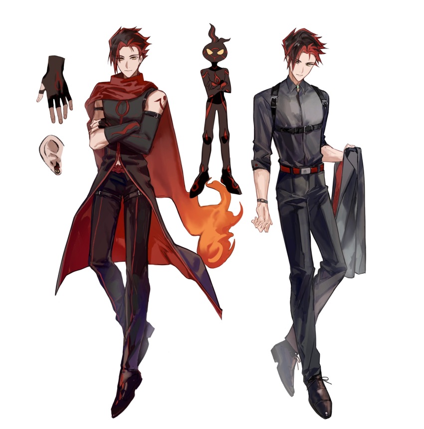 1boy absurdres arm_strap bad_id bad_lofter_id belt black_coat black_footwear black_gloves black_hair black_jacket black_pants black_shirt cape chest_belt chest_harness clothing_cutout coat collared_shirt colored_tips creature_and_personification crossed_ankles crossed_arms detached_sleeves dress_shoes earrings fingerless_gloves fire flame_(yu-gi-oh!_vrains) formal_clothes full_body gem gem_in_body gloves green_gemstone hand_up harness highres holding holding_jacket holding_unworn_clothes jacket jewelry light_smile looking_at_viewer male_focus multicolored_hair multiple_views naoki_(2rzmcaizerails6) pants personification red_belt red_cape red_hair shirt short_hair shoulder_belt shoulder_tattoo simple_background sleeveless sleeveless_coat sleeves_rolled_up spiked_hair stomach_cutout stud_earrings tattoo two-sided_fabric two-sided_jacket unworn_jacket white_background yellow_eyes yu-gi-oh! yu-gi-oh!_vrains