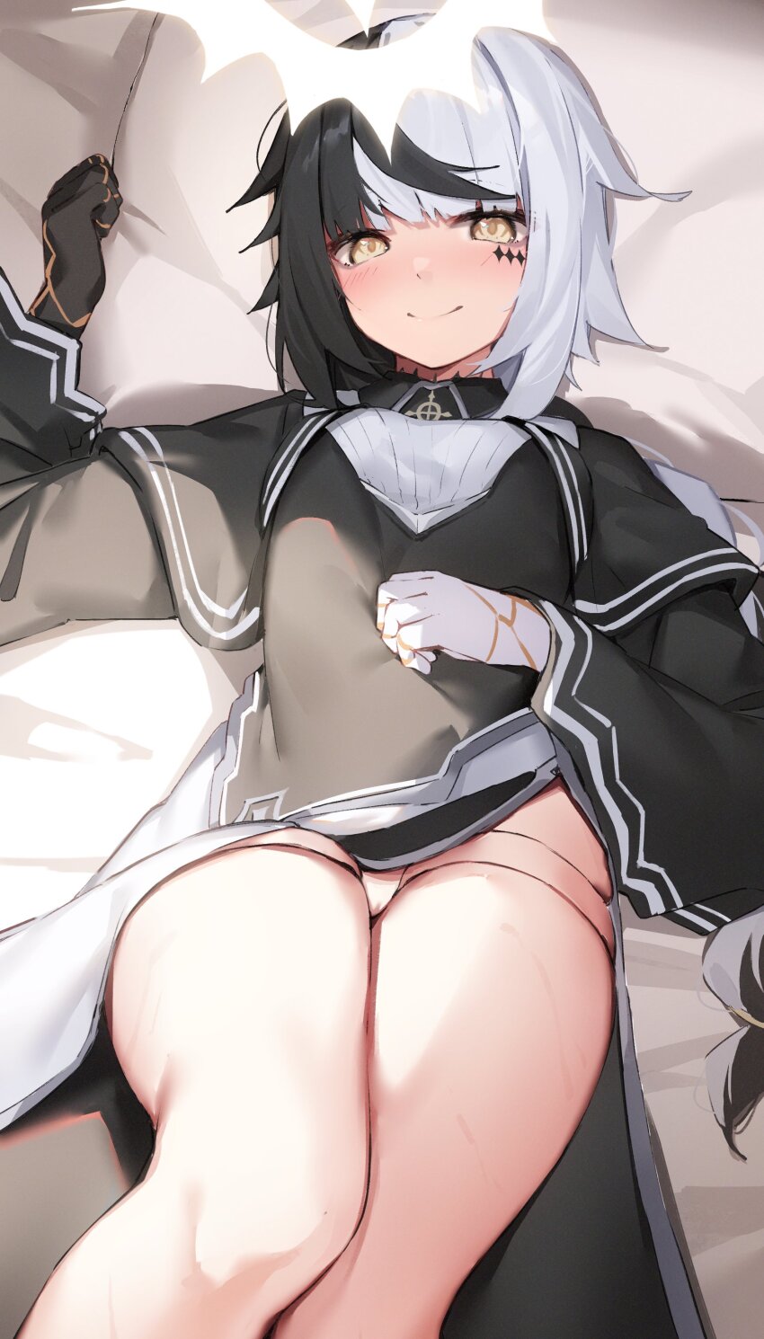 1girl absurdres arrow_cross bed_sheet black_capelet black_hair blush borrowed_character capelet celtic_cross closed_mouth commission cross doll_joints dress facial_mark habit halo highres joints keienu0 looking_at_viewer lying multicolored_hair nun on_back on_bed original second-party_source skeb_commission solo streaked_hair thighs two-tone_hair violet_(ac8231) white_hair yellow_eyes