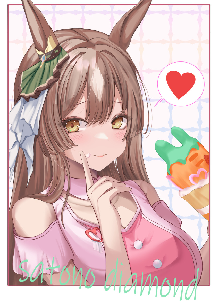 1girl absurdres animal_ears bare_shoulders blush breasts brown_eyes brown_hair closed_mouth clothing_cutout collarbone crepe double-parted_bangs ear_ornament feriri food food_on_face hair_between_eyes heart highres holding holding_crepe holding_food horse_ears horse_girl large_breasts long_hair looking_at_viewer meni_shuki_rush-sshu! multicolored_hair pink_shirt satono_diamond_(umamusume) shirt shoulder_cutout smile solo speech_bubble streaked_hair umamusume upper_body very_long_hair