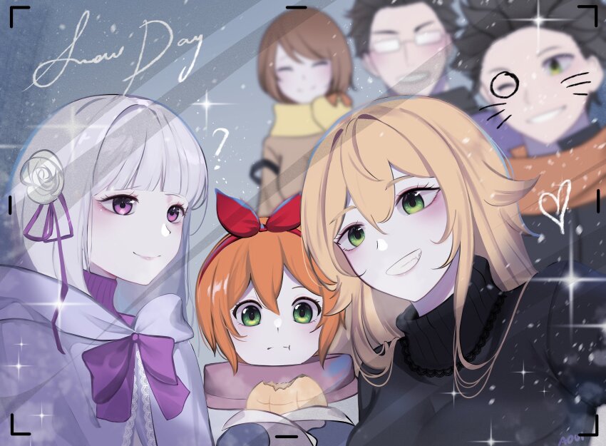 2boys 4girls absurdres aoui black_hair blonde_hair blush brown_eyes brown_hair eating elf emilia_(re:zero) father_and_son flower frederica_baumann glasses green_eyes hair_between_eyes hair_flower hair_ornament hair_ribbon height_difference highres husband_and_wife long_hair mother_and_son multiple_boys multiple_girls natsuki_kenichi natsuki_naoko natsuki_subaru orange_hair petra_leyte pointy_ears purple_eyes re:zero_kara_hajimeru_isekai_seikatsu ribbon scarf selfie sharp_teeth smile snow snowing sweater teeth turtleneck turtleneck_sweater white_hair winter winter_clothes