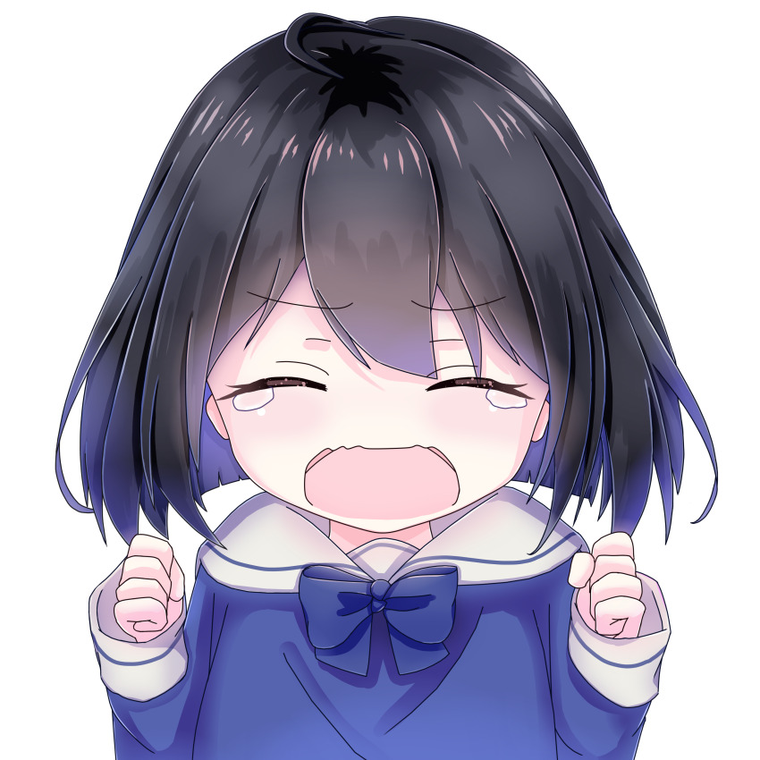 1girl absurdres ahoge benghuai_xueyuan black_hair blue_bow blue_bowtie blue_shirt blush bow bowtie clenched_hands closed_eyes commentary_request facing_viewer hands_up highres honkai_(series) li_mama long_sleeves multicolored_hair open_mouth purple_hair sailor_collar seele_vollerei shirt simple_background sleeves_past_wrists solo tears two-tone_hair white_background white_sailor_collar