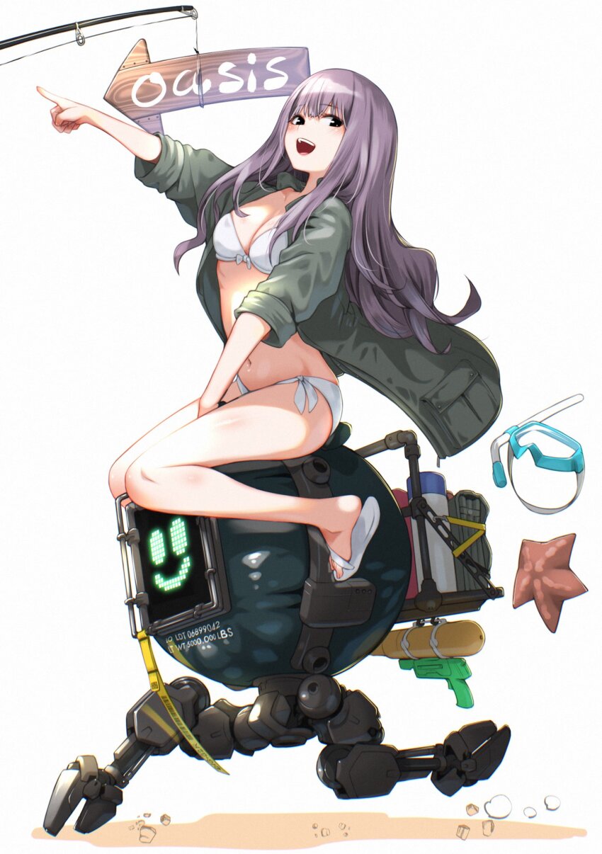 1girl bikini breasts d1g-g2r_(stellar_blade) fishing_rod flip-flops fune_(fune83ojj) green_jacket highres jacket kaya_(stellar_blade) legs long_hair medium_breasts navel non-humanoid_robot open_mouth pointing purple_hair robot sandals science_fiction simple_background sitting_on_robot smile starfish stellar_blade stomach super_soaker swimsuit toenails toes white_background white_bikini