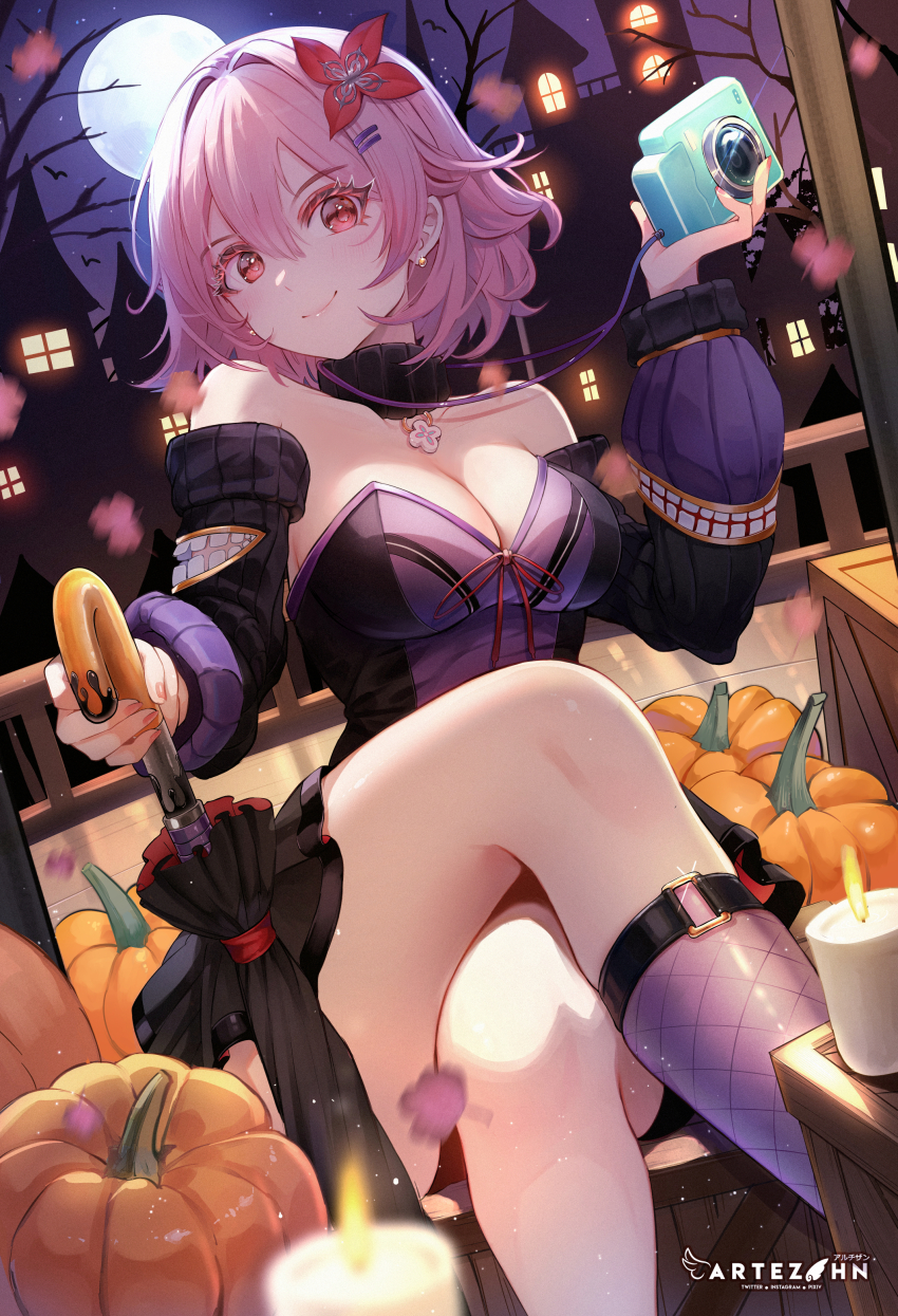 1girl absurdres alternate_costume artezahn black_dress black_sleeves breasts buckle building camera candle cleavage closed_mouth commentary crossed_legs detached_collar detached_sleeves dress earrings english_commentary evernight_(honkai:_star_rail) fishnets full_moon halloween highres holding holding_camera holding_umbrella honkai:_star_rail honkai_(series) jack-o&#039;-lantern jewelry large_breasts looking_at_viewer march_7th_(honkai:_star_rail) medium_breasts moon night night_sky pink_hair pink_nails pumpkin red_eyes sitting sky smile solo strapless strapless_dress thighs tree twitter_username umbrella