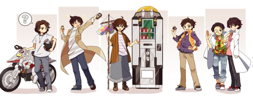 ? ahoge asymmetrical_footwear hawaiian_shirt helmet highres hino_eiji houjou_emu inui_takumi kamen_rider kamen_rider_555 kamen_rider_build_(series) kamen_rider_ex-aid_(series) kamen_rider_gaim_(series) kamen_rider_ooo_(series) kazuraba_kouta kiryuu_sento kuujou_kiriya lab_coat long_coat male_focus mismatched_footwear motor_vehicle motorcycle motorcycle_helmet one_eye_closed shirt sparkle sunglasses vending_machine yoshino_(gunform)