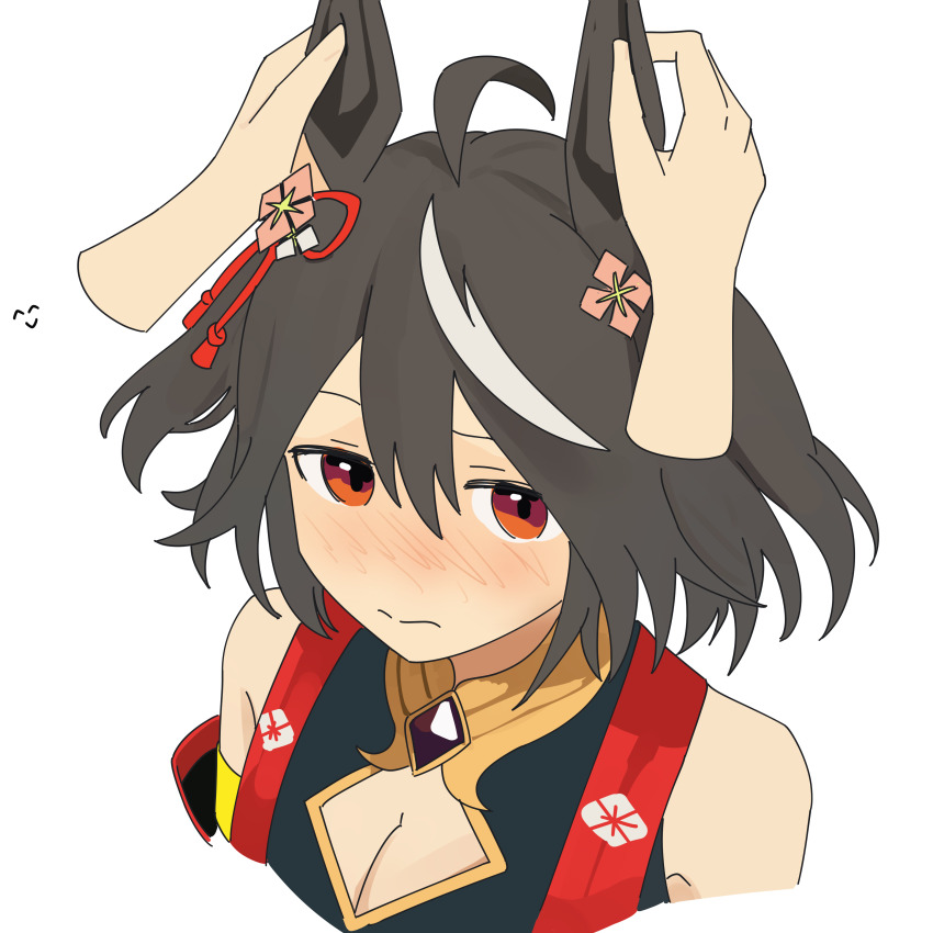 1girl 1other absurdres animal_ears bare_shoulders black_hair black_kimono blush breasts cleavage closed_mouth commentary detached_sleeves english_commentary hair_between_eyes hand_on_another&#039;s_ear highres horse_ears horse_girl japanese_clothes kimono kitasan_black_(crowning_ooban)_(umamusume) kitasan_black_(umamusume) looking_at_viewer myticalcat red_eyes short_hair two_side_up umamusume