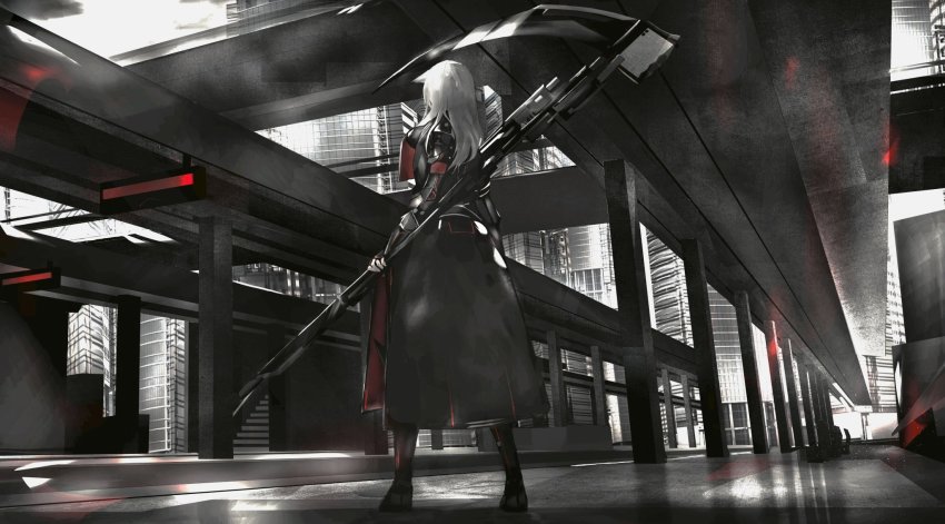 1girl 3d animal_ears bridge building cloud highres holding holding_scythe holding_weapon long_hair original outdoors reflection reverse_grip scenery science_fiction scythe solo stairs standing tuda6 weapon white_hair