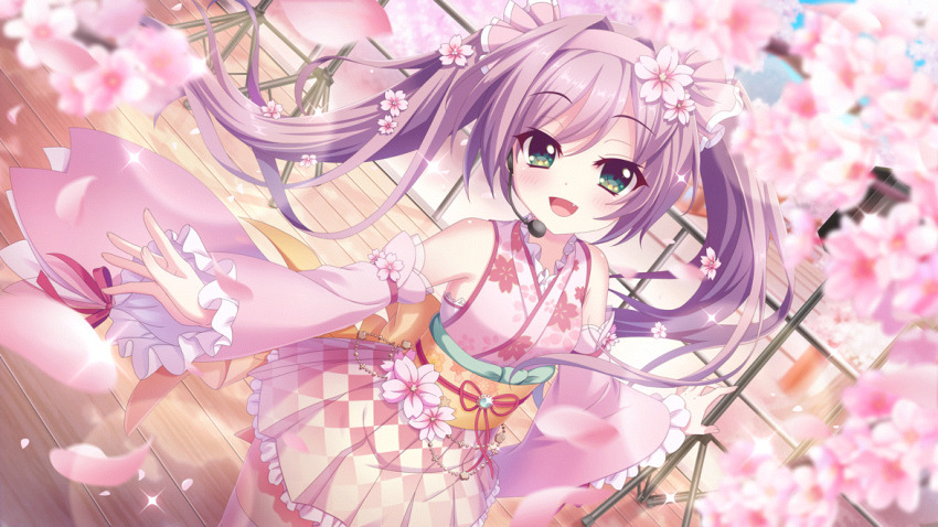 1girl :d bare_shoulders blurry blurry_foreground blush breasts cherry_blossoms cowboy_shot detached_sleeves dot_nose dutch_angle falling_petals fang film_grain floral_print floral_print_kimono flower game_cg green_eyes hair_flower hair_intakes hair_ornament hairband headset izumi_tsubasu japanese_clothes kimono lens_flare long_hair looking_at_viewer misaki_sango non-web_source obi official_art open_mouth outdoors petals pink_flower pink_hairband pink_kimono pink_petals pink_ribbon pink_sleeves print_kimono purple_hair re:stage! ribbon sash sleeveless sleeveless_kimono small_breasts smile solo sparkle swept_bangs twintails very_long_hair wide_sleeves
