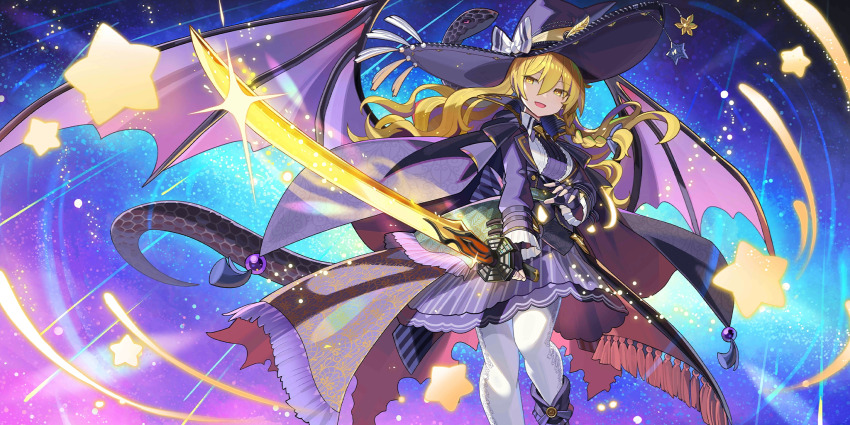 1girl alternate_costume black_cape black_dress black_hat blonde_hair bow braid cape commentary dragon_tail dragon_wings dress english_commentary evil_dragon_(touhou) falken_(yutozin) fingerless_gloves game_cg gloves hair_between_eyes hair_bow hat hat_bow hat_ornament highres holding holding_sword holding_weapon kirisame_marisa kirisame_marisa_(draconic_black_magic_knight) long_hair long_sleeves looking_at_viewer official_art open_mouth pantyhose purple_gloves side_braid single_braid smile solo star_(symbol) star_hat_ornament sword tail third-party_source touhou touhou_lostword underbust weapon white_bow white_pantyhose wings witch_hat yellow_eyes