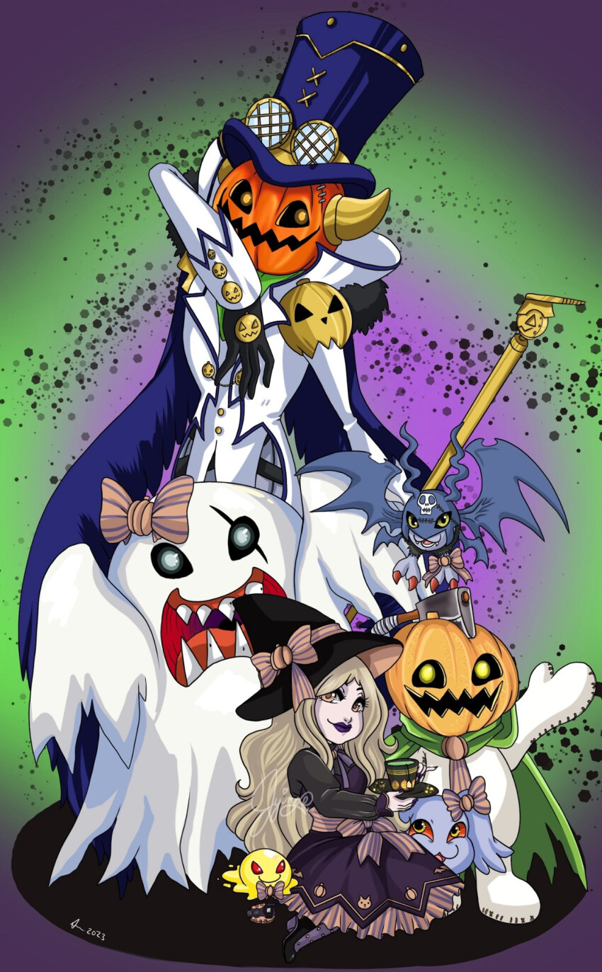 axe bakemon cape digimon digimon_(creature) evolutionary_line highres looking_at_viewer noblepumpmon pagumon picodevimon pumpmon ribbon sharp_teeth smile teeth yellow_eyes zurumon