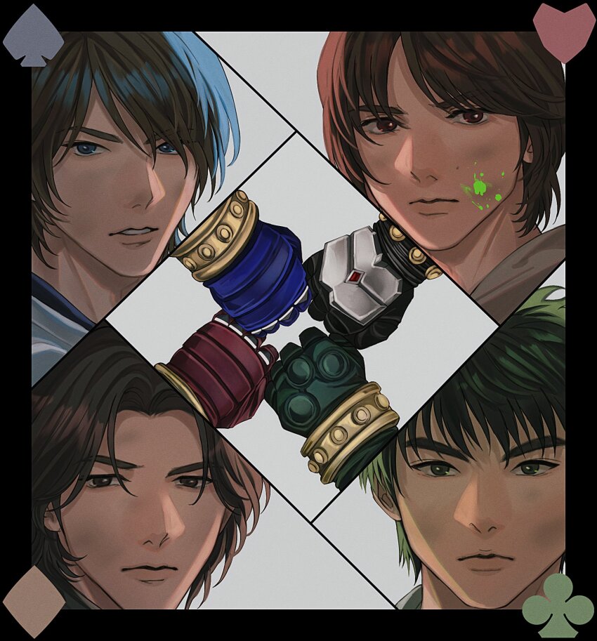 4boys aikawa_hajime armor armored_gloves black_gloves black_hair blood blood_on_face blue_eyes blue_gloves bracelet brown_coat brown_eyes brown_hair clover coat diamond_(shape) gem gloves green_blood green_eyes green_gloves grey_armor heart highres jewelry kamen_rider kamen_rider_blade kamen_rider_blade_(series) kamen_rider_chalice kamen_rider_garren kamen_rider_leangle kamijo_mutsuki kenzaki_kazuma medium_hair multiple_boys parted_bangs red_eyes red_gemstone red_gloves sasakura34 shirt short_hair simple_background spade_(shape) swept_bangs tachibana_sakuya_(kamen_rider_blade) white_background white_shirt