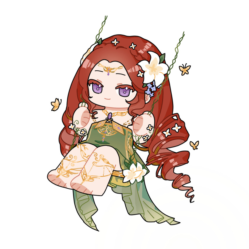 1girl absurdly_long_hair bare_arms bare_shoulders barefoot barefoot_sandals_(jewelry) braid bug butterfly character_request chibi circlet closed_mouth colored_eyelashes dress dress_flower drill_hair eeeestella flower gold_circlet green_dress hair_flower hair_ornament happy highres insect leaf long_hair looking_at_viewer nikki_(series) on_swing purple_eyes purple_flower red_hair shining_nikki short_dress side_braids simple_background sitting smile solo strapless strapless_dress swing swinging_on_swing toes train_(clothing) tsurime twin_braids twin_drills very_long_hair white_background white_flower yellow_butterfly
