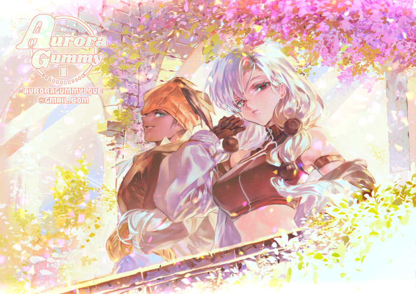 1boy 1girl armband artist_name auroragummy commentary_request commission crop_top day email_address falling_petals gloves grin hair_ornament hand_up headband highres jacket korean_commentary long_hair long_sleeves nintendo off_shoulder orange_headband outdoors parted_lips petals pokemon pokemon_swsh raihan_(pokemon) shirt short_hair smile teeth watermark