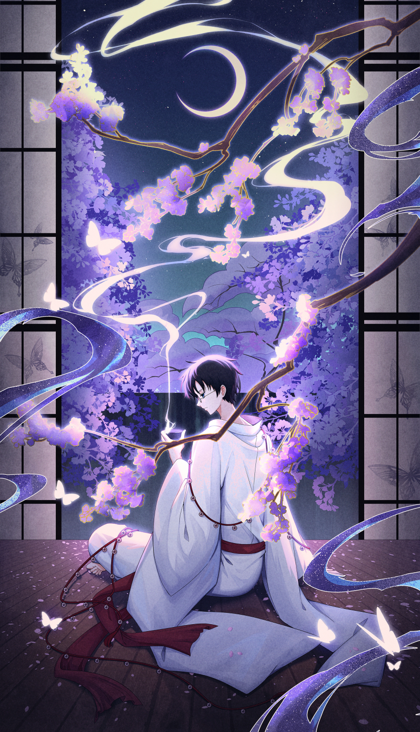 1boy absurdres animal_print barefoot bell black_hair blue_eyes branch bug butterfly butterfly_print cherry_blossoms closed_mouth crescent_moon cup empty_eyes expressionless flower from_behind full_body glasses hair_between_eyes highres holding holding_cup indian_style insect japanese_clothes jingle_bell kimono leaf looking_at_animal male_focus moon night on_floor petals profile purple_flower red_sash sash short_hair shouji sitting sky sliding_doors so_tsubasa solo star_(sky) starry_sky steam watanuki_kimihiro white_butterfly white_kimono wide_sleeves wooden_floor xxxholic
