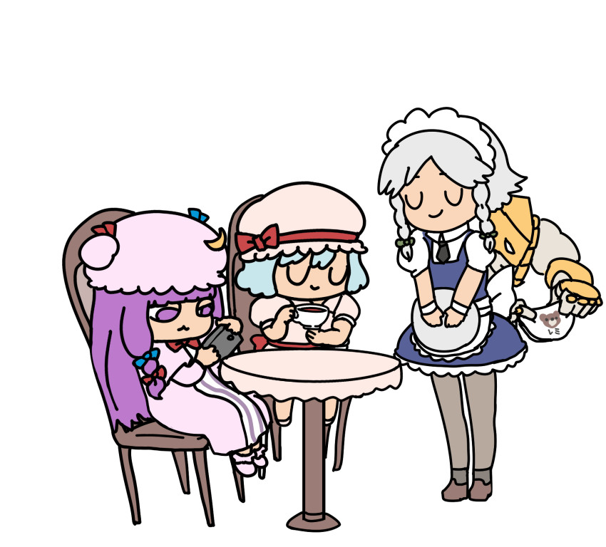 :3 afei_(sfma3248) bib black_neckwear blue_bow blue_hair blue_ribbon blue_skirt bow braid chair character_name chibi chinese_commentary commentary_request crescent crossover cup dress closed_eyes from_side hair_bow hair_ribbon hat highres holding holding_cup izayoi_sakuya jojo_no_kimyou_na_bouken long_hair looking_down maid maid_headdress mob_cap multiple_girls necktie pantyhose patchouli_knowledge pink_dress pink_headwear puffy_short_sleeves puffy_sleeves purple_eyes purple_hair red_bow red_ribbon remilia_scarlet ribbon short_hair short_sleeves silver_hair simple_background sitting skirt smile table the_world touhou twin_braids white_background