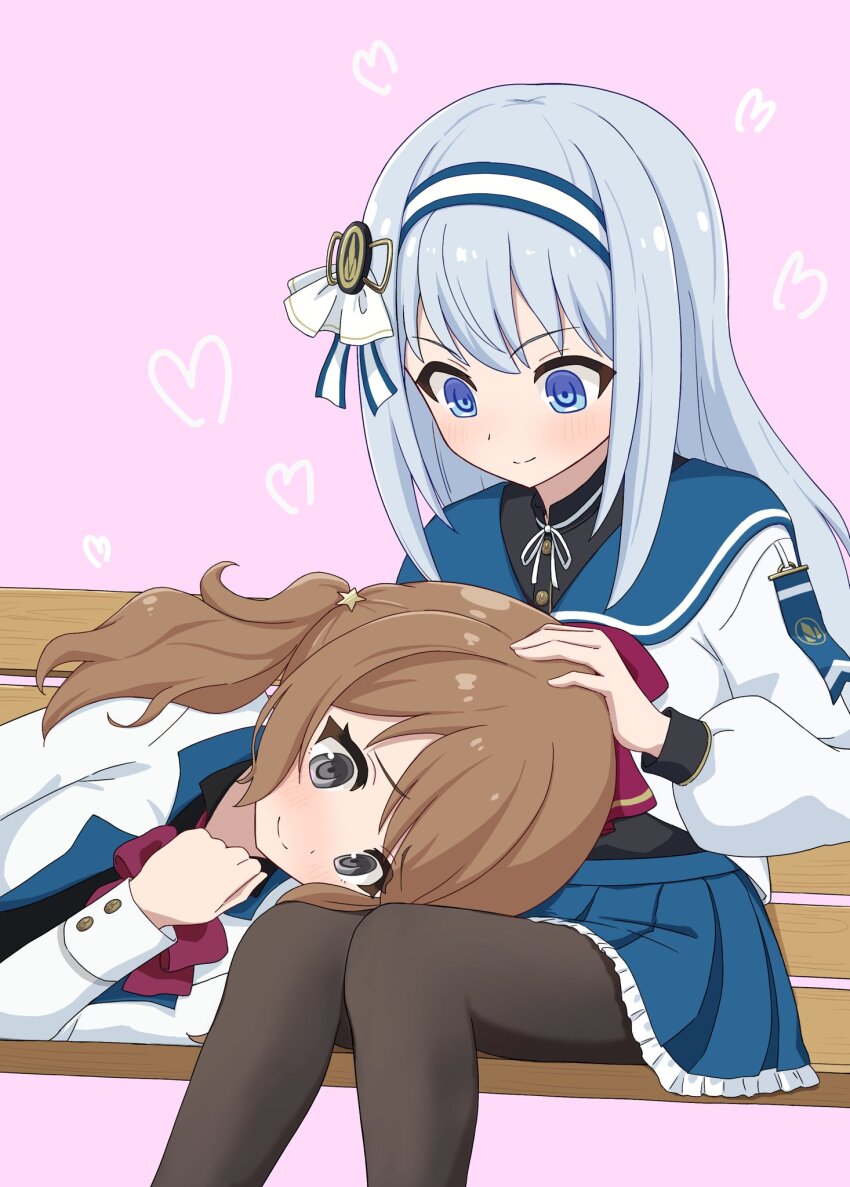 2girls assault_lily bench black_pantyhose black_skirt blue_eyes blue_hairband blue_ribbon blue_sailor_collar blue_skirt blush bow bowtie brown_hair closed_mouth commentary_request commission feet_out_of_frame frilled_skirt frills grey_eyes grey_hair hair_ornament hair_ribbon hairband hand_on_another&#039;s_head hand_up heart herensuge_girls_academy_school_uniform highres iijima_renka jacket lap_pillow long_hair long_sleeves looking_ahead looking_at_another looking_down low_side_ponytail lying mathamorphous miniskirt multiple_girls neck_ribbon on_bench on_side open_clothes open_jacket pantyhose pink_background pleated_skirt puffy_long_sleeves puffy_sleeves raised_eyebrows red_bow red_bowtie ribbon sailor_collar school_uniform serafuku shirt side_ponytail simple_background sitting skeb_commission skirt smile star_(symbol) star_hair_ornament tsuboi_nanaho two-tone_hairband two-tone_ribbon white_hairband white_jacket white_ribbon white_shirt yuri