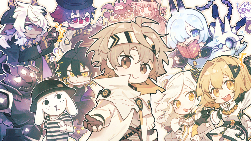! ? alchemy_stars bethel_(alchemy_stars) book camera carleen_(alchemy_stars) chibi hair_ornament headband highres holding holding_book holding_camera hydrad_(alchemy_stars) istvan_(alchemy_stars) jl_seiko kleken_(alchemy_stars) lilica_(alchemy_stars) navigator_(alchemy_stars) seleucid_(alchemy_stars) smile tourdog_(character) vice_(alchemy_stars)