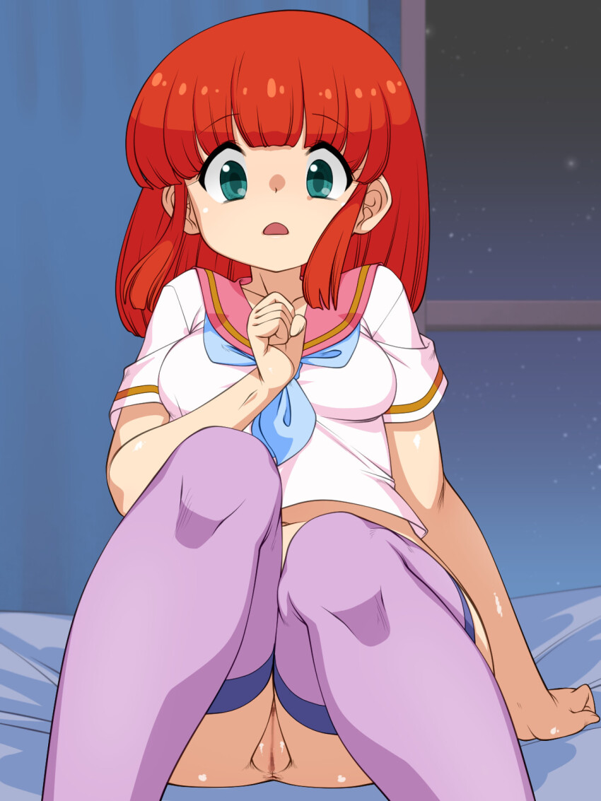 1girl anus aqua_eyes blue_neckerchief breasts censored cleft_of_venus clenched_hand cream_lemon highres legs_together mai_(pop_chaser) medium_breasts mosaic_censoring neckerchief no_panties nurugamer-kouyouju open_mouth pink_sailor_collar pink_skirt pop_chaser purple_thighhighs pussy red_hair sailor_collar school_uniform serafuku shirt short_sleeves sidelocks sitting skirt solo tareme thighhighs upskirt variant_set white_shirt