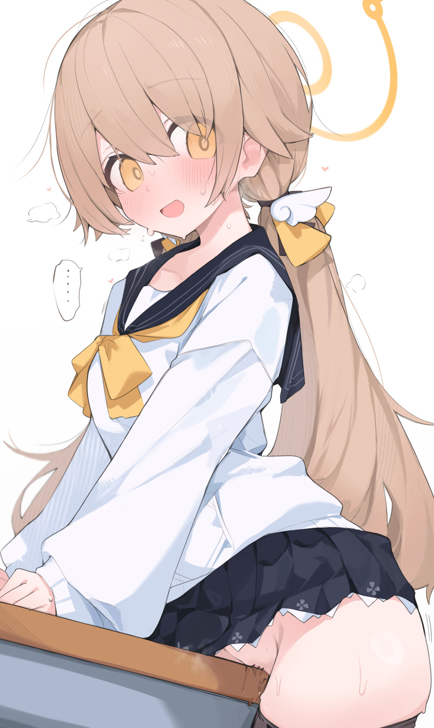 ... 1girl absurdres bar_censor black_skirt black_thighhighs blonde_hair blue_archive blush bow bowtie censored commentary_request crotch_rub desk female_masturbation hair_between_eyes hair_ornament halo hifumi_(blue_archive) highres long_hair looking_at_viewer low_twintails masturbation mikozin open_mouth pussy_juice school_desk school_uniform shirt simple_background skirt solo spoken_ellipsis surprised sweat table_humping thighhighs thighs twintails white_background white_shirt wing_hair_ornament yellow_bow yellow_bowtie yellow_eyes yellow_halo