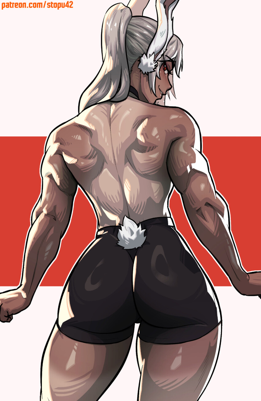 1girl alternate_costume animal_ears ass back bike_shorts black_choker black_shorts boku_no_hero_academia border choker clothing_cutout dark-skinned_female dark_skin from_behind hair_over_shoulder highres long_eyelashes long_hair looking_at_viewer looking_back median_furrow mirko parted_lips patreon_username ponytail rabbit_ears rabbit_girl rabbit_tail red_background red_eyes shirt shorts shoulder_blades smile solo stopu tail tail_through_clothes tan tanline thick_thighs thighs tight_clothes tight_shirt toned toned_female topless_female white_border white_hair