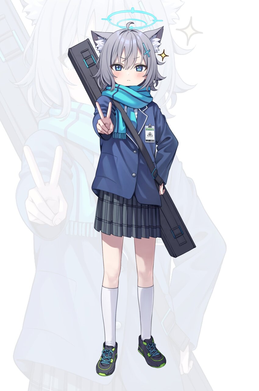 1girl ahoge animal_ears black_shoes black_skirt blazer blue_archive blue_eyes blue_halo blue_jacket blue_scarf blush closed_mouth commentary_request cross_hair_ornament grey_hair hair_between_eyes hair_ornament halo hand_on_own_hip highres id_card jacket lapels long_hair looking_at_viewer notched_lapels ojyomu outstretched_arm pleated_skirt scarf shiroko_(blue_archive) shoes skirt socks very_long_hair white_socks wolf_ears zoom_layer