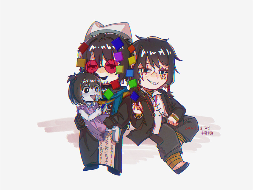 1girl 2boys bandaged_leg bandages beard_stubble black_coat black_eyes black_gloves black_hair black_jacket black_shoes blue_scarf bright_pupils chinese_commentary coat collared_shirt colored_skin commentary_request dated deformed dress facial_hair facial_tattoo gloves grin h2o_(zuonimengzhongdejingling) hair_bobbles hair_ornament hat highres huai_huizhi huai_yunqing jacket long_sleeves multiple_boys open_clothes open_jacket open_mouth pink_dress red-tinted_eyewear round_eyewear scarf shirt shoes short_hair sitting sitting_on_lap sitting_on_person sleeveless sleeveless_dress smile stubble tattoo tinted_eyewear touqi_guaitan twintails white_hat white_pupils white_shirt white_skin ziche_fuzhao