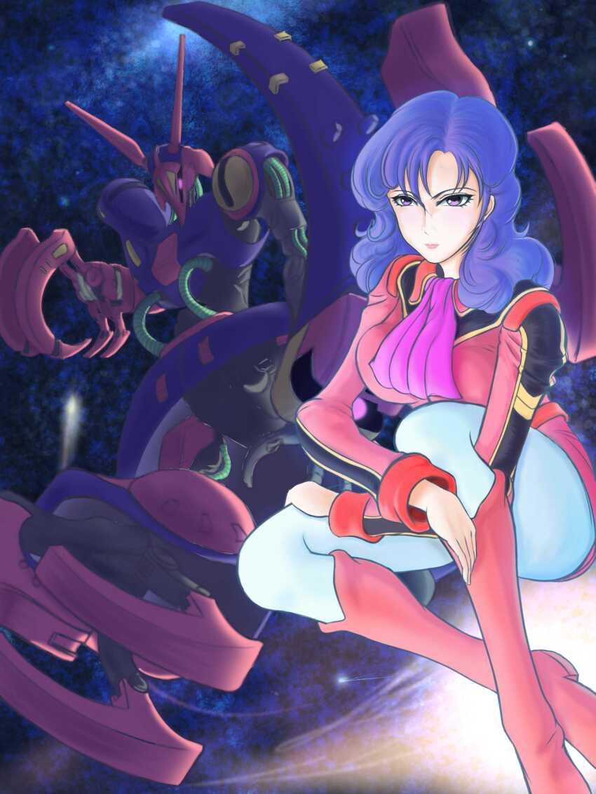 1girl absurdres artist_request baund_doc boots gundam highres mecha military military_uniform robot rosamia_badam zeta_gundam